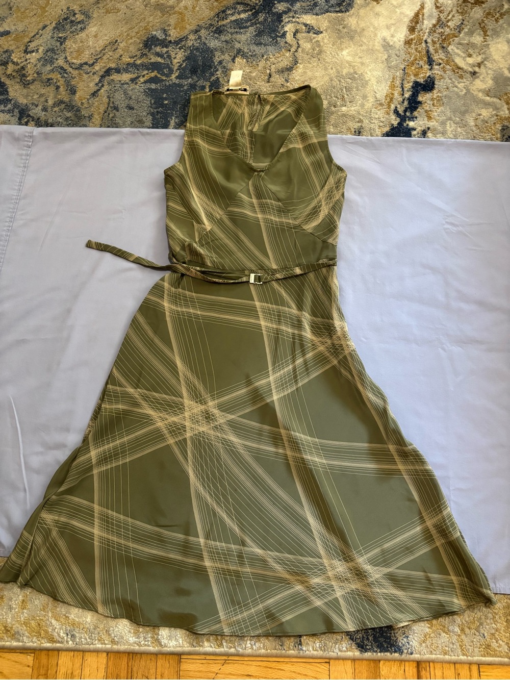 Calvin Klein Olive Green Midi Dress with Cream Plaid Accents